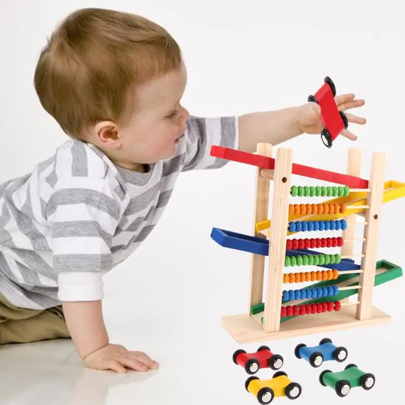 Baby Math Toy Montessori Educational Toy Creative Colorful Abacus with 4 Toy Cars Teaching Learning Toy Abacus Slippery Car Math