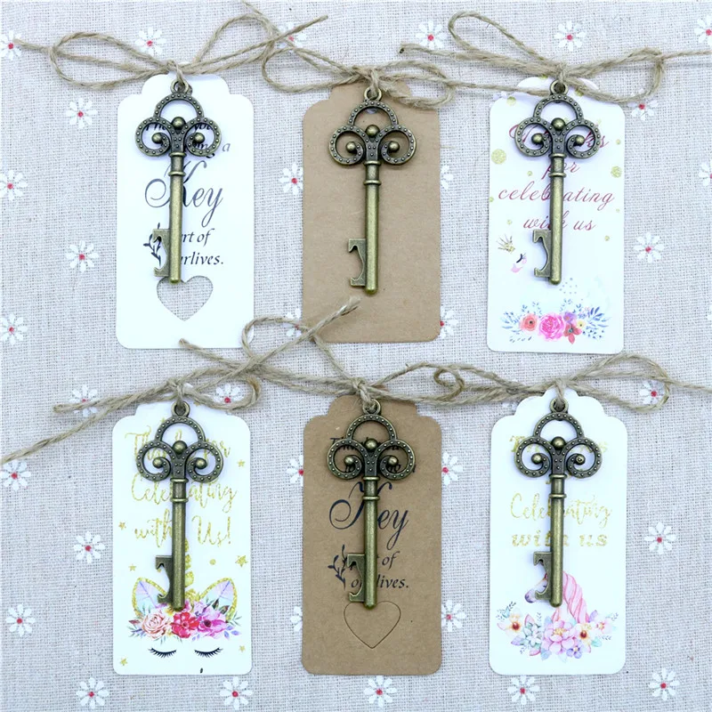 

50 Pcs/Lot Bronze Key Bottle Opener DIY Skeleton Wine Opener with Escort Tag Card Rustic Wedding Party Favor Souvenir Gifts