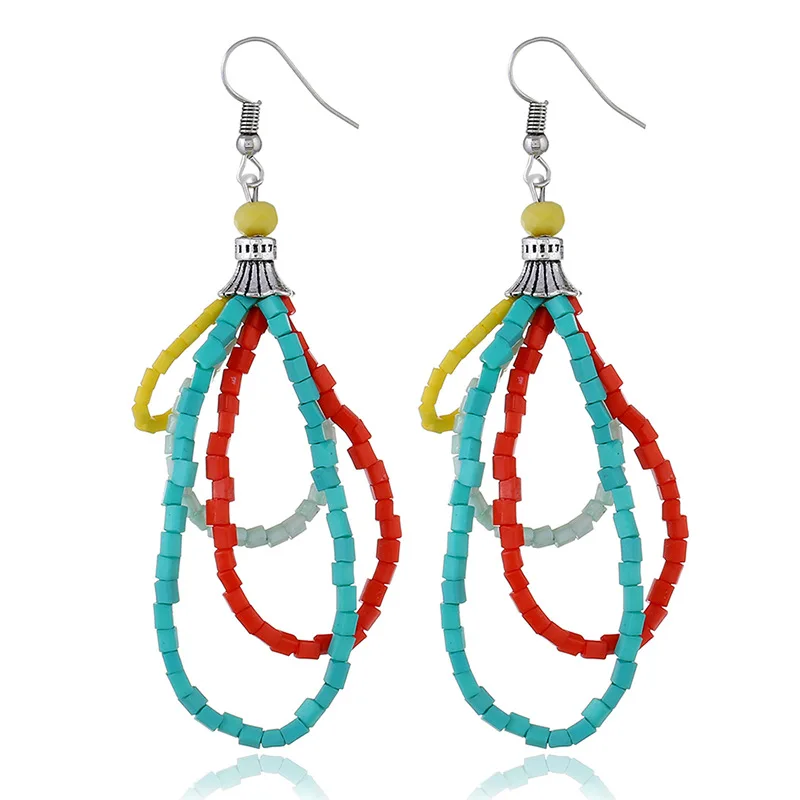 

New Antiqued Silver Plated Multi Layers Colorful Seed Beads Pendant Statement Long Drop Earrings for Women Girls Bohemia Jewelry
