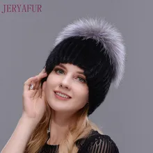 Hot Style Female Mink Fur Cap For Women Winter Warm Hat Vertical Knitted Mink With Fluffy Silver Fox Part Less On The Top Hat
