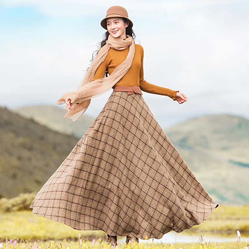 Gratis Verzending 2019 Boshow Nieuwe Herfst En Winter Vintage Lange Maxi Hoge taille A-lijn Plaid Grote Zoom Rokken S-L Wol vrouwen Rokken