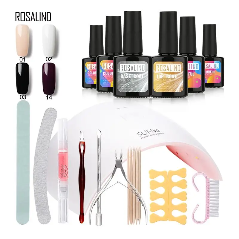 

ROSALIND Nail Gel polish Top & Base Coat kit 24w 9C lamp 4 colors Soak-off Gel nail polish Gel varnish art tools sets Long-last