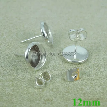 

12mm Silver tone Blank Earrings Bases Round Bezel tray Stud Pin Earrings Post w/ Stopper Earring Settings Findings Wholesale