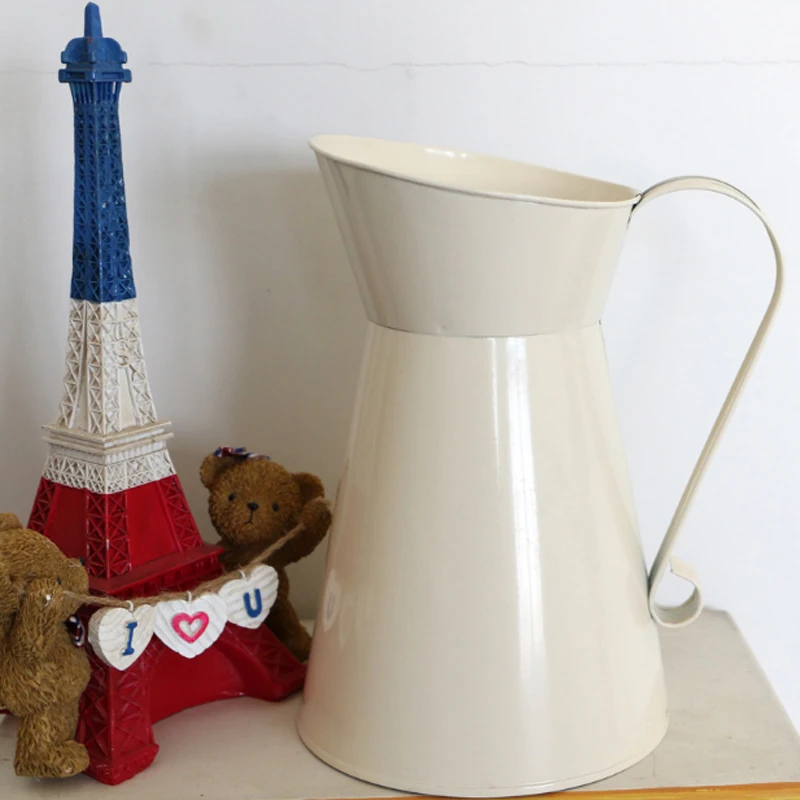 Vintage Tall Metal Shabby Chic Cream Vase Enamel Pitcher Jug Wedding Home Decor White