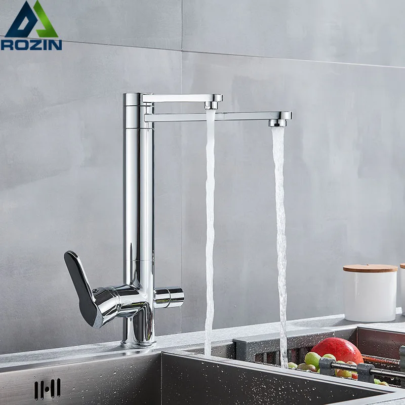 Chrome Purify Kitchen Faucet Dual Swivel Spout Three Way Kitchen Sink Mixer Tap Dual Water Outlet Drinking Water cozinha de pare Chrome Purify Kitchen Faucet Dual Swivel Spout Three Way Kitchen Sink Mixer Tap Dual Water Outlet Drinking Water cozinha de pare