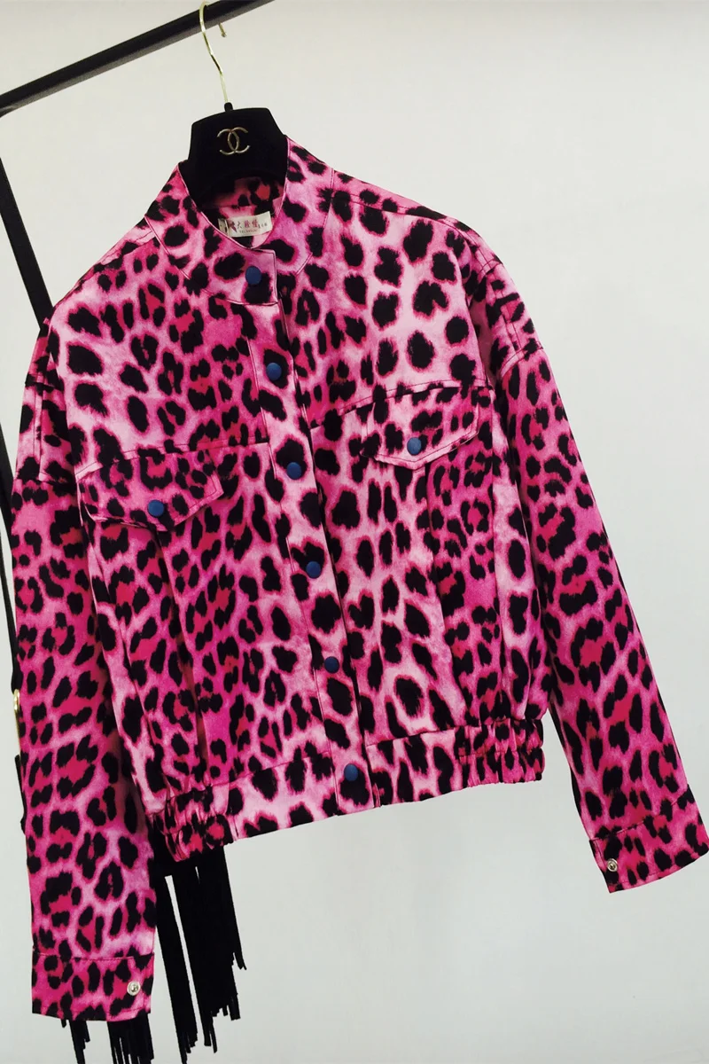 Весенняя винтажная розовая куртка с леопардовым принтом, женские короткие куртки со стоячим воротником и длинным рукавом