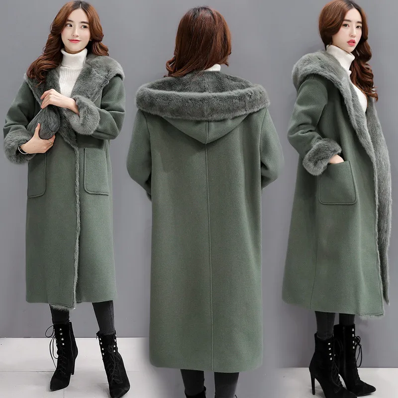 Модное зимнее шерстяное пальто для женщин, плюс размер, искусственный кашемир, с капюшоном, верхняя одежда, свободные, ArmyGreen, утолщенные шерстяные куртки для женщин G399