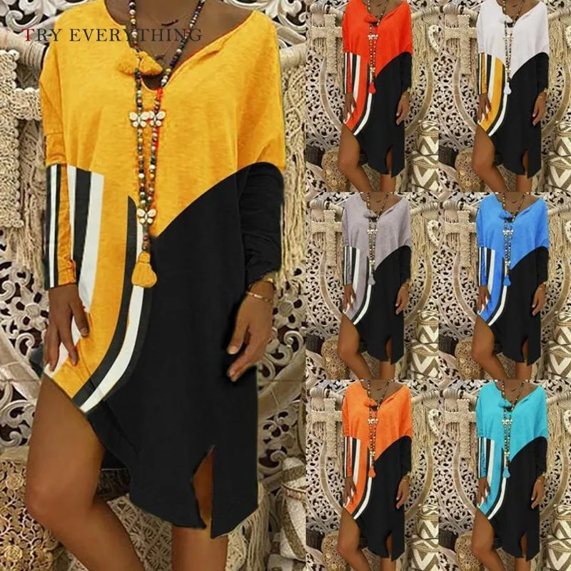 

Plus Size Casual Dress Women Summer 2019 Yellow Loose Cotton Dresses Ladies Long Sleeve Split Patchwork Midi Dress For Women 3XL