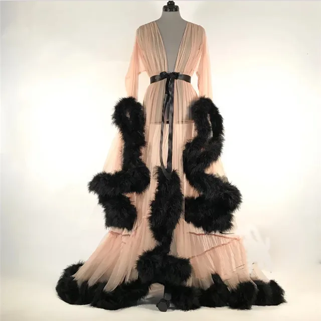 Women Sexy Lace Fur Robe Ladies Luxury Furry Sleepwear Robes Loose Long