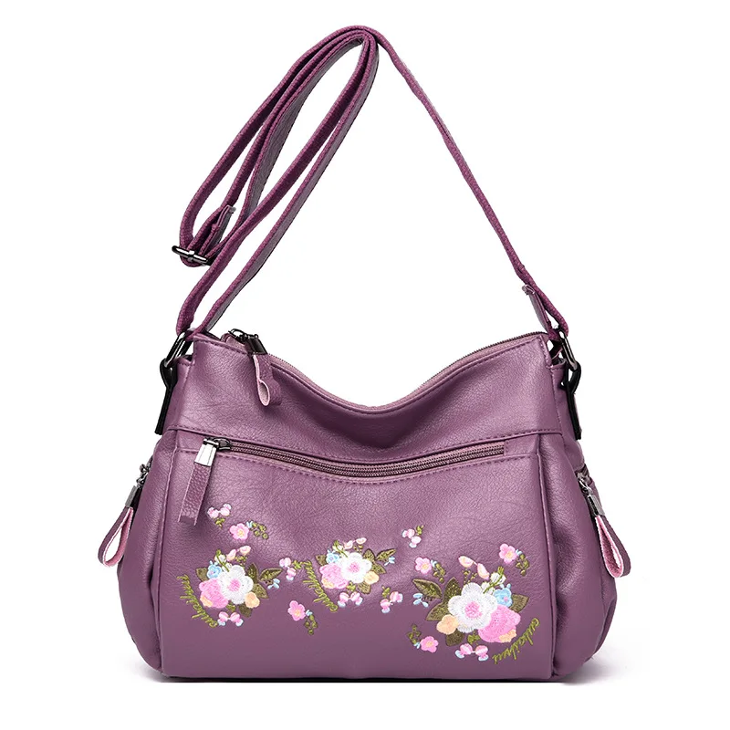 Новая модная сумка с цветочной вышивкой, женские роскошные дизайнерские сумки через плечо, мягкие кожаные женские сумки - Цвет: Фиолетовый