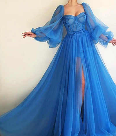 PICTURE COLOR LORIE синее вечернее платье с пышными рукавами Robe De Soiree с разрезом по бокам, вечерние платья для выпускного вечера, Новые Вечерние платья с аппликацией - Цвет: PICTURE COLOR