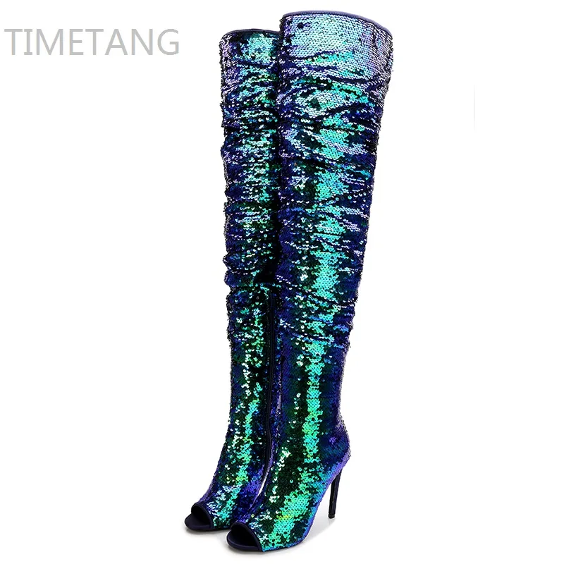 Online Caliente 2017 Nuevo invierno mujer azul botas sobre la rodilla de alta del muslo botas bling sexy tacones altos con lentejuelas ropa antideslizante en