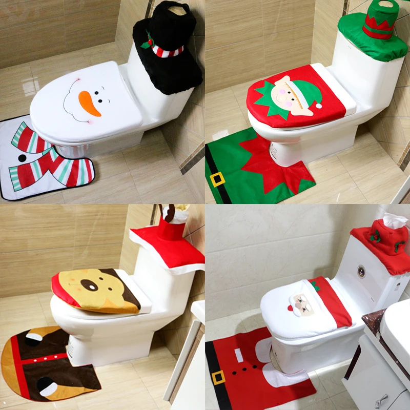 3pcs Happy Santa Claus Toilet Seat Cover Rug Bathroom Set Contour Rug Christmas Decoration For Home Xmas Party Supplies