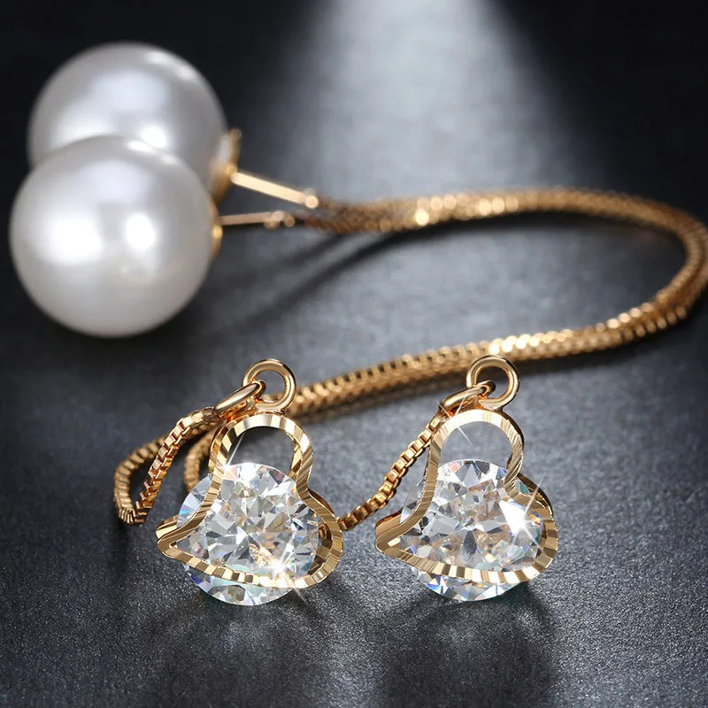 

ZORCVENS New Water Drop Shape Austrian Crystal Long Drop Earrings with big Pearl Elegant Gold-color Jewelry for Women