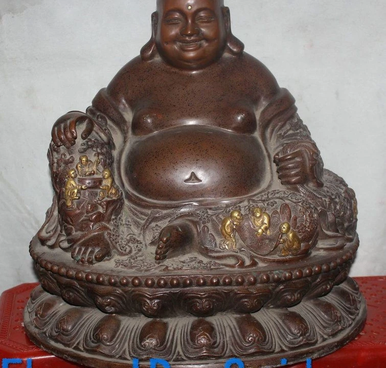 

18" Marked Purple Bronze 24K Gold Gilt Happy Laugh Maitreya Buddha Kids Statue