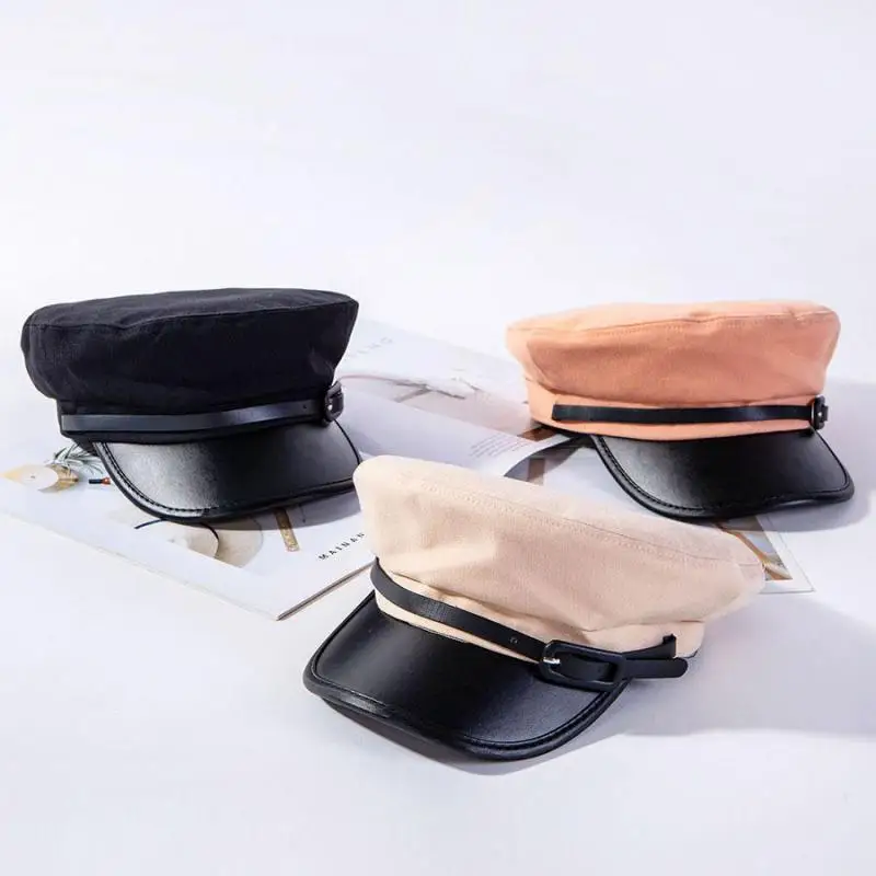 COKK Military Hat Women Leather Belt Brim Cotton Army Hat Black Hats For Women Men Flat Top Hat Female Wholesale Gorras New