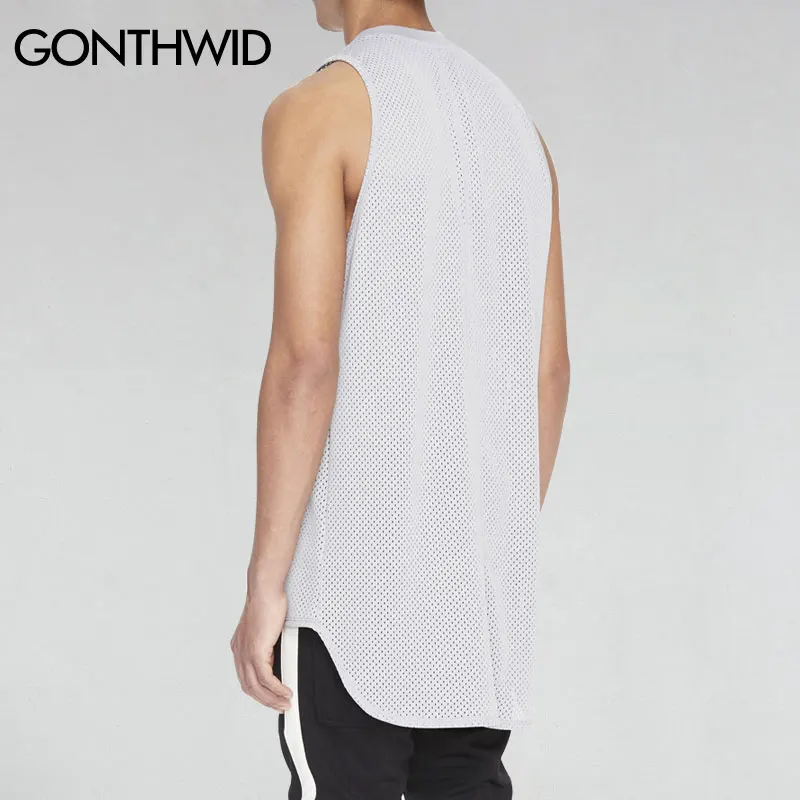 GONTHWID 2017 Mens Mesh Tank Tops Hip Hop Irregular Extended Long Vest