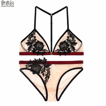 

JYF Ultra thin embroidery rose pattern sexy bra set net yarn breathable underwear sexy women beige bra & brief sets