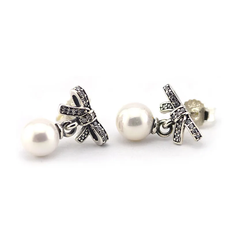 

Genuine 925 Sterling-Silver-Jewelry Earrings for Women Delicate Sentiments Stud Earrings with White Pearl and Clear CZ FLE047