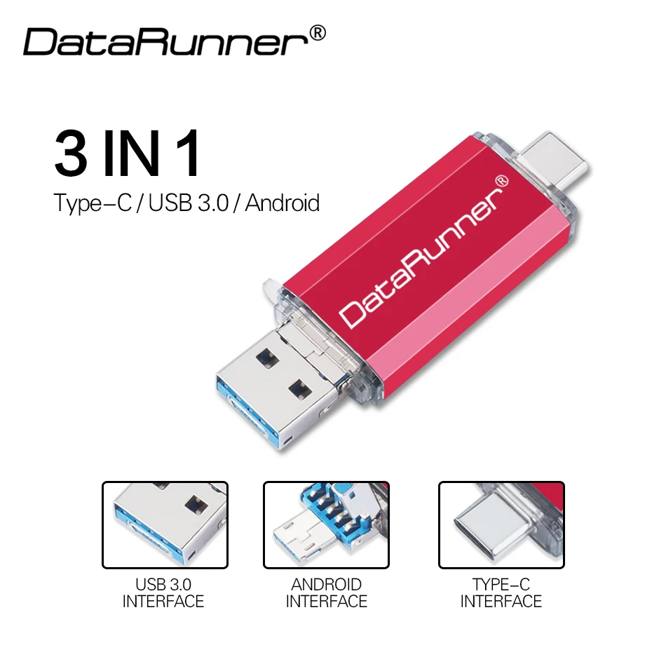 Флеш-накопитель DataRunner OTG USB 3 в 1 USB3.0& type-C& Micro USB флеш-накопитель 32 Гб 64 Гб 128 ГБ 256 ГБ Флешка флеш-накопитель