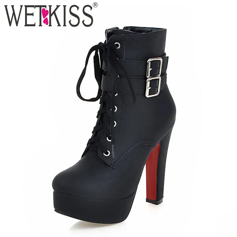 Comprar WETKISS Super grande tamaño 32 48 zapatos de tacón alto grueso hebilla Correa encaje botas cortas mujer Botines plataforma Otoño Invierno botas