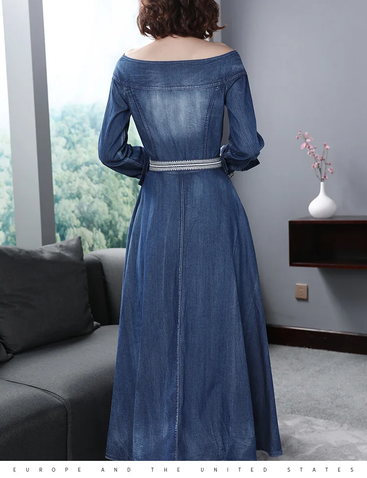 Элегантное женское джинсовое платье винтажное однобортное Синее джинсовое платье длиной до щиколотки женское джинсовое платье с длинным рукавом
