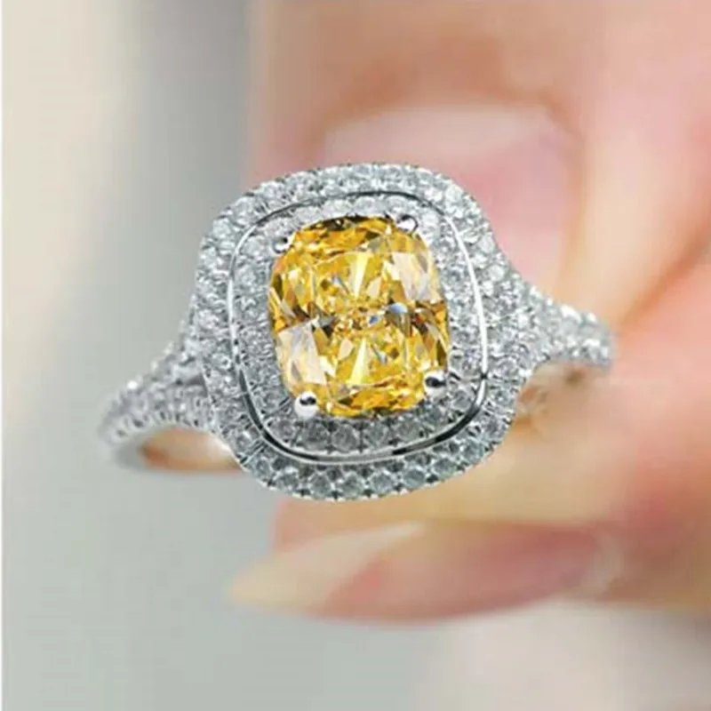 

Custom 1:1 Genuine Brand Jewelry 925 Sterling Silver Ring 2CT Cushion Halo Paved Synthetic Diamonds Ring Women Engagement Ring