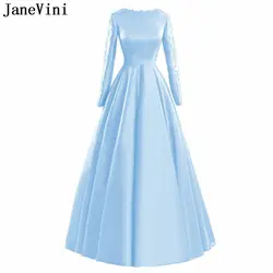 JaneVini Элегантный светло голубой длинные платья подружек невесты с рукавами трапециевидной формы аппликации Атлас развертки поезд Простой