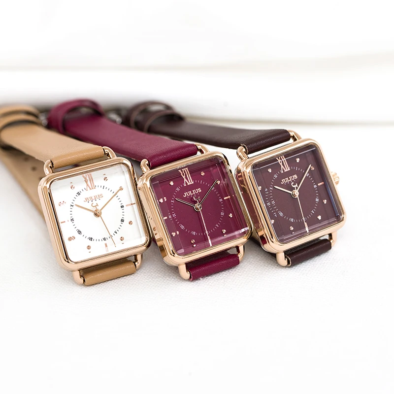 Новые женские часы Япония кварцевые часы тонкой моды браслет из натуральной кожи ретро квадратный подарок на день рождения для девочек Julius Box