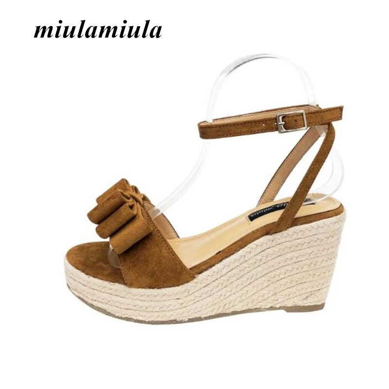 

Miulamiula Women Sandals Wedge High Heels Banquet Shoes Suede Material Hemp Rope Woven Sole Sexy Cute Ankle Buckle Woman Shoes