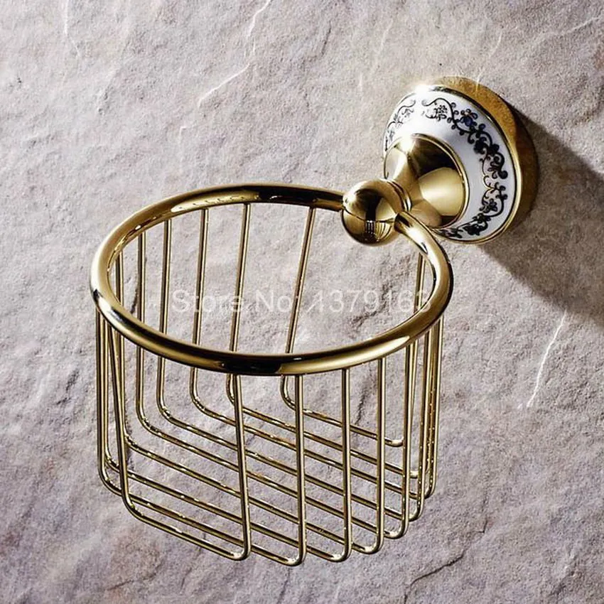 Аксессуары для ванной комнаты полированный золотой Латунный керамический цветок настенный держатель рулона туалетной бумаги корзина для хранения душа aba257