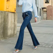 Новые модные длинные джинсовые брюки для женщин расклешенные брюки плюс размер 25-30 джинсовые осенние джинсы с кисточками на пуговицах