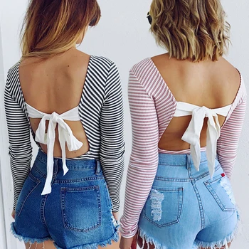 

Women Body Kawaii Femme Sexy Female Striped Bodysuits 2017 Autumn Long Sleeve Backless Bow Knot Rompers Jumpsuits Mujer GV975