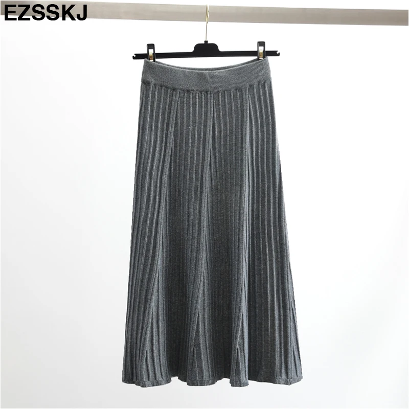 Винтажная элегантная зимняя женская юбка-свитер эластичная высокая талия плиссированная трикотажная юбка миди трапециевидная Женская однотонная Плотная юбка