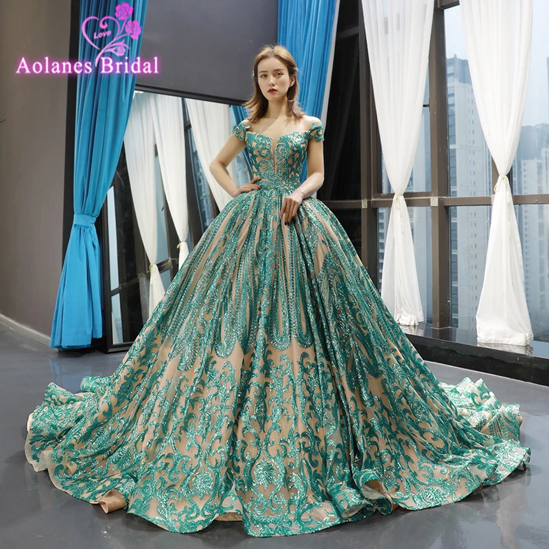 

Light Green Long Glitters Lace Appliques Tulle Prom Dresses Off The Shoulder Sweetheart 2019 Evening Gowns Ball Gown Party Dress