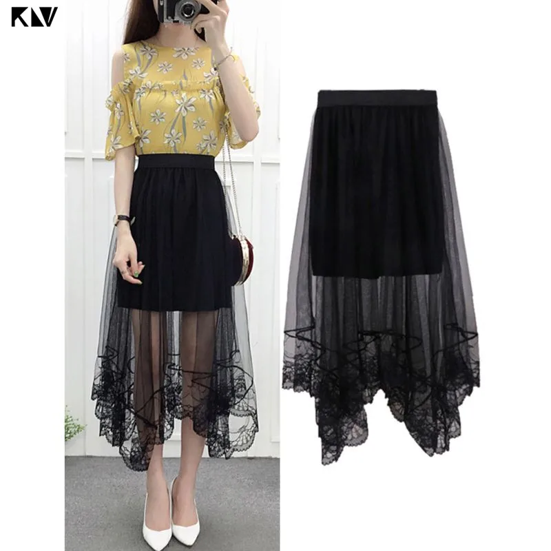 

KLV High Waist Scalloped Lace Trim Midi Long Skirt Lined Solid Color Irregular Hem Pleated Double Layer Sheer Mesh Party Skirt