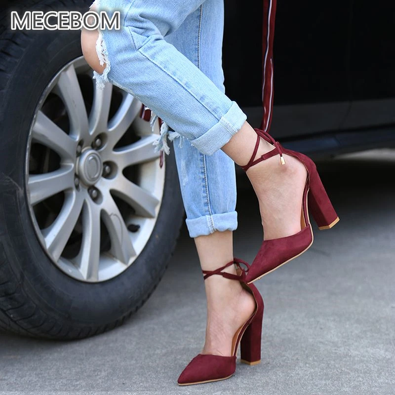 Women Pumps Sexy High Heels Shoes ladies Lace Up Point Toe Party Wedding Pump Black Woman shoes 35-43 chaussures femme 2253W