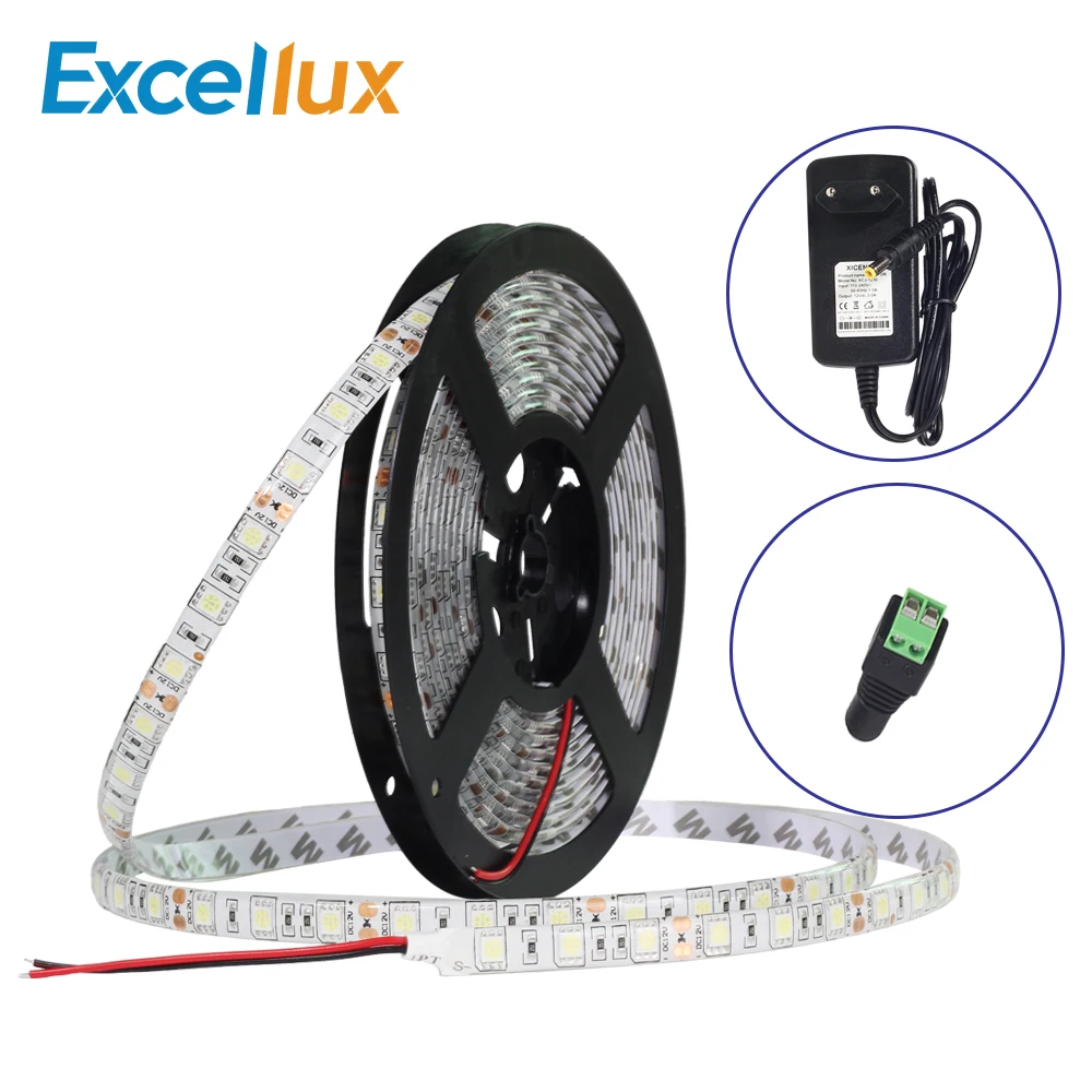 buy 1set 5050 ip20 ip65 waterproof led strip White Warm White 5m roll 60LEDs m +220V to 12V 3A power supply EU US plug+DC interface