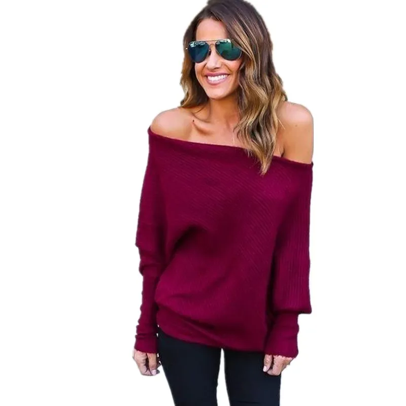 

New Fashion Off One Shoulder Blouse Women Batwing Sleeve Autumn Slash Neck White Shirts Casual Knitted Pullover Women Tops