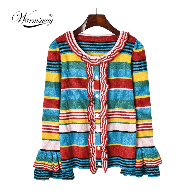 2019 Autumn New ruffles thin sweater single breasted striped cardigans long sleeve lurex knitted coat casual slim C-228 |