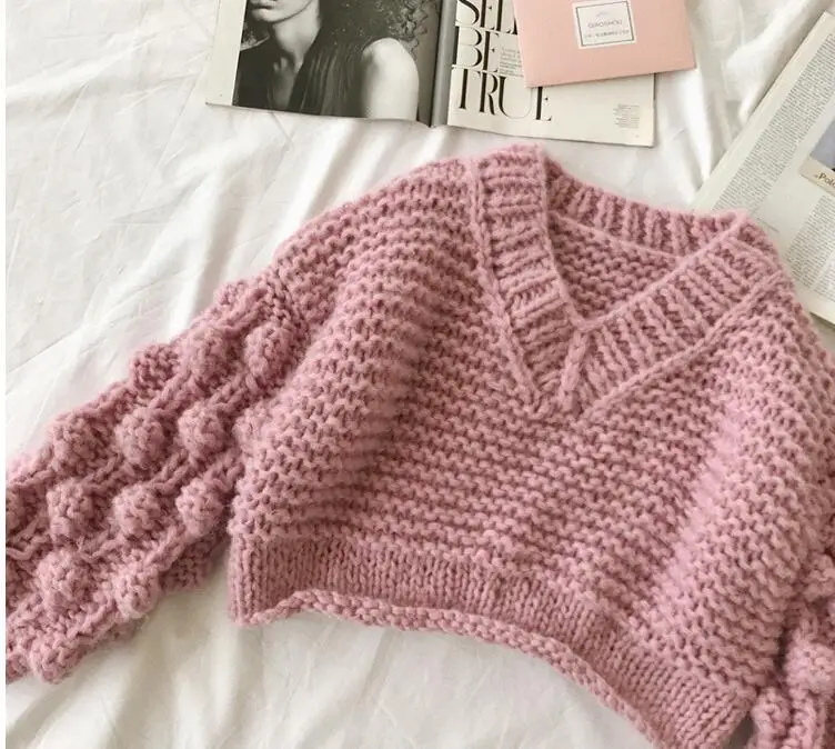 Women Lantern Sleeve Ball Short Sweater Streetwear Female High Waist Vintage Knitting Pullover Women Lantern Sleeve Ball Short Sweater Streetwear Female High Waist Vintage Knitting Pullover