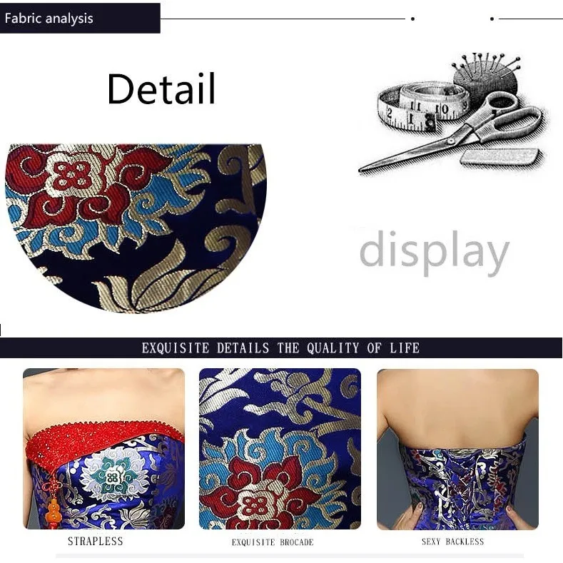 Tube top trailing royal blue fishtail cheongsam wedding dresses brocade long traditional chinese cheongsam wedding dresses (8)