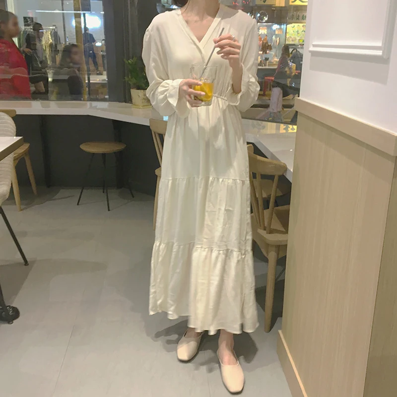 

One Piece Elegant Goddess White Dress Elastic Waist Ruffles V Neck Classy Dress Robe Longue Vestido Largo Vestiti Lunga