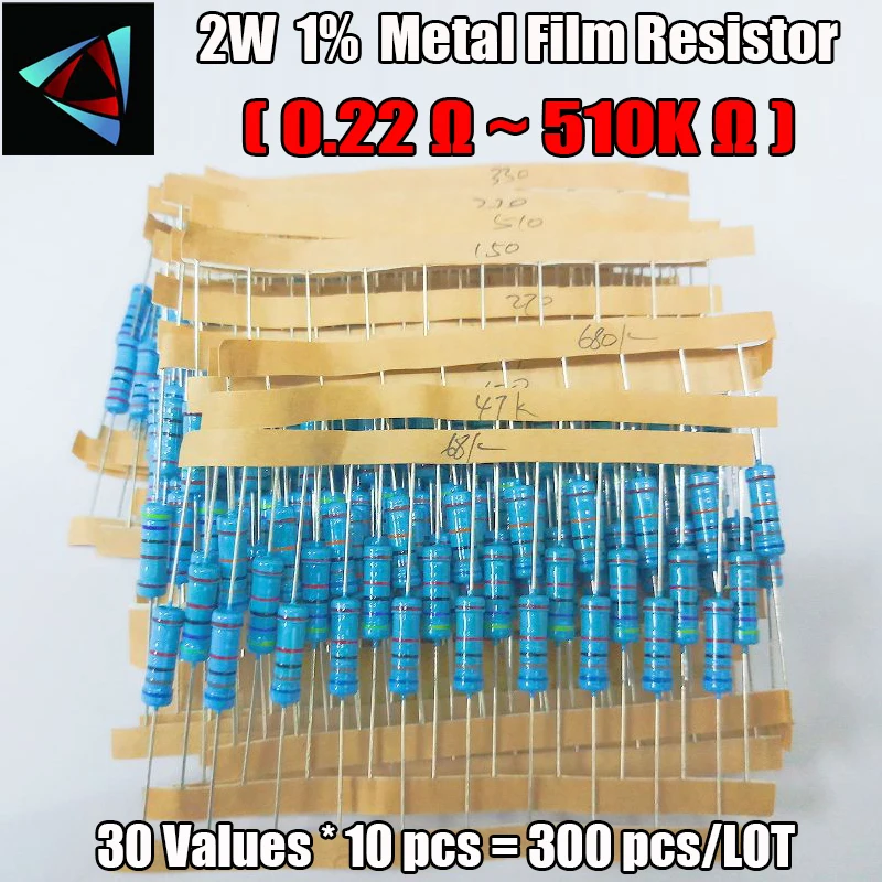 300 шт. 0 22 ~ 510K Ом 2 Вт 1% 30 значений * 10 = металлическая пленка|resistor assorted kit|2w metal film