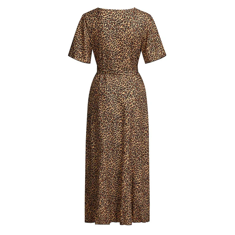 New Women Leopard Bohemian Long Dress 2019 Summer Sexy Deep V-neck Short Sleeve Long Maxi Party Beach Dress #E10 (3)