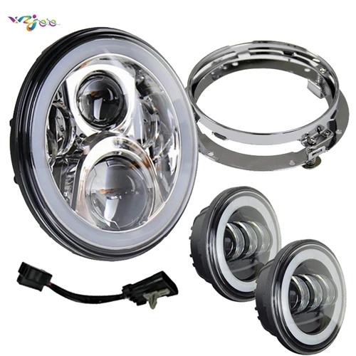Halo Ring Light Set DOT Approved Motorcycle 7 Inch LED Headlight+ 2x 4-1/2" Fog Light Passing Lamps for Motorcycle - Color: shrome set  C
