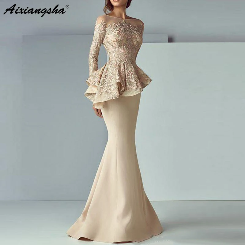 Champagne Mermaid Evening Dresses 2019 Long Evening Gown Long Sleeves Lace Peplum abiye Robe De Soiree Elegant Formal Dress Champagne Mermaid Evening Dresses 2019 Long Evening Gown Long Sleeves Lace Peplum abiye Robe De Soiree Elegant Formal Dress