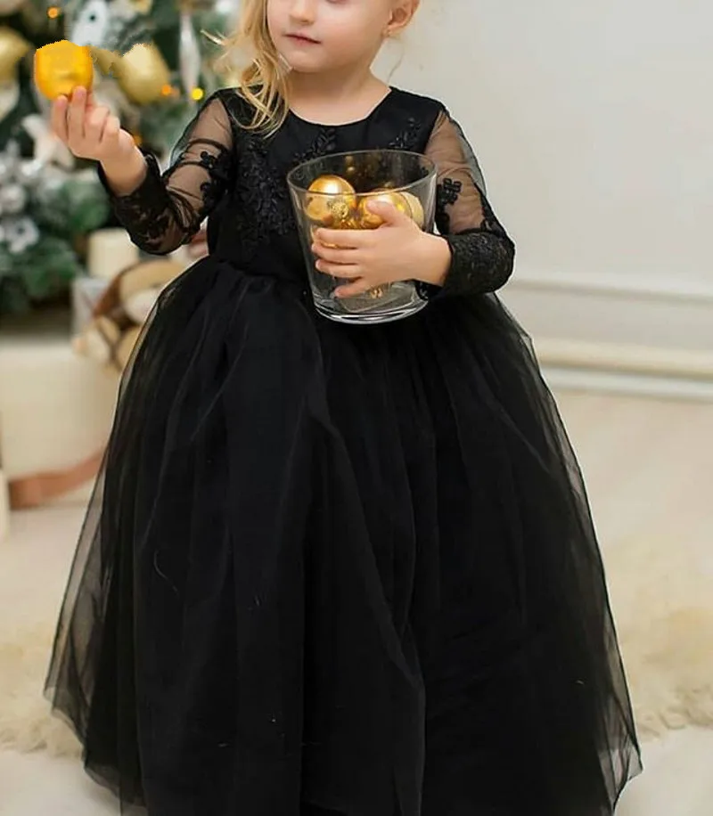

New Black Tulle Flower Girl Dress Lovely Princess Dress with Illusion Long Sleeves Big Bow Any Size and Any Color New Arrivalslx