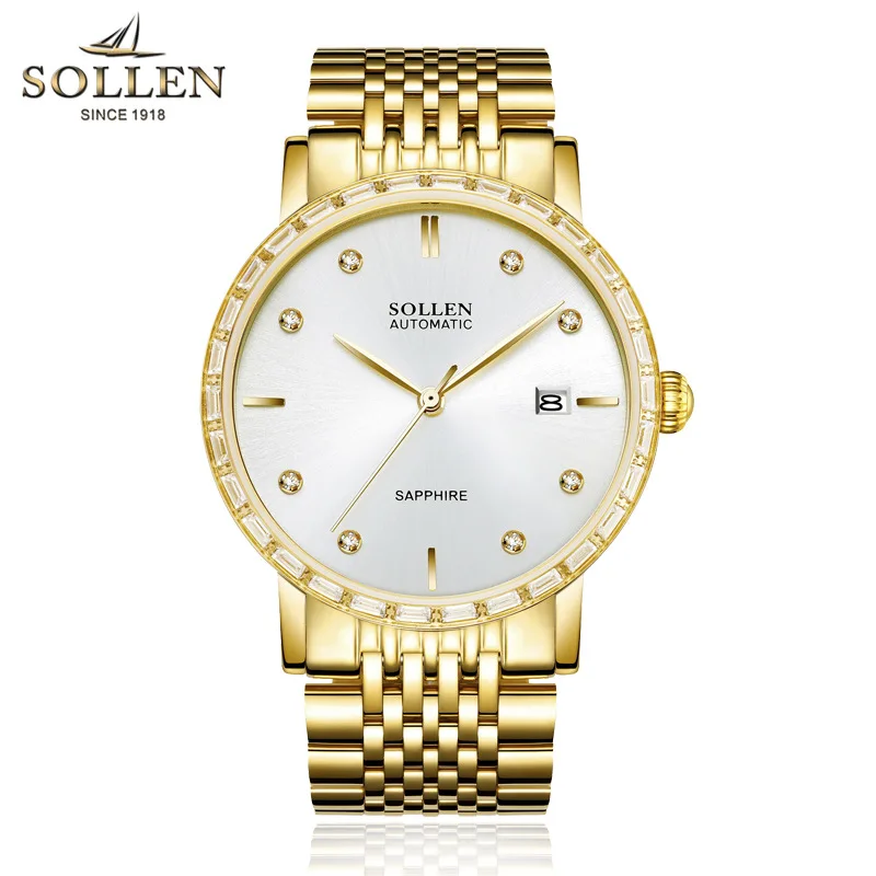 

Famous SOLLEN Brand watch Men Business Strip Automatic Mechanical Strap Calendar clock Midea High End Movement wristwatches