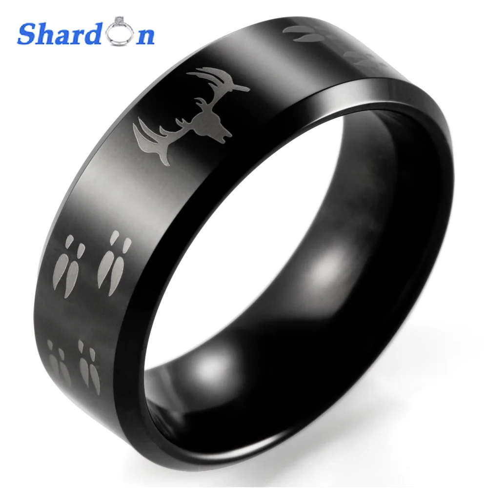 SHARDON Wedding Jewelry Rings round Etched Deer Head Hunting Black Tungsten Ring Men's Wedding